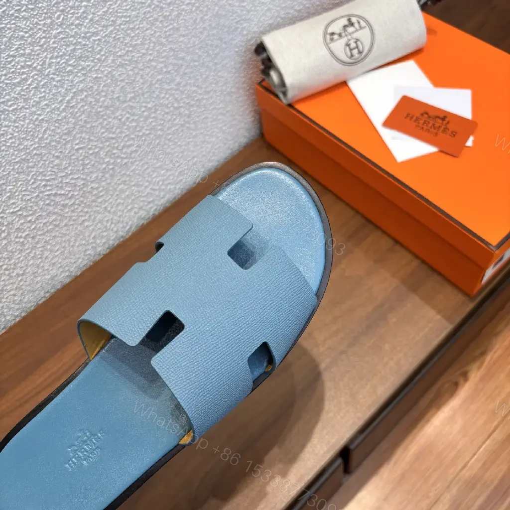 View 3 of Blue Leather Slipper Sandals, Modern Hermes-Style, Matte Finish Slide