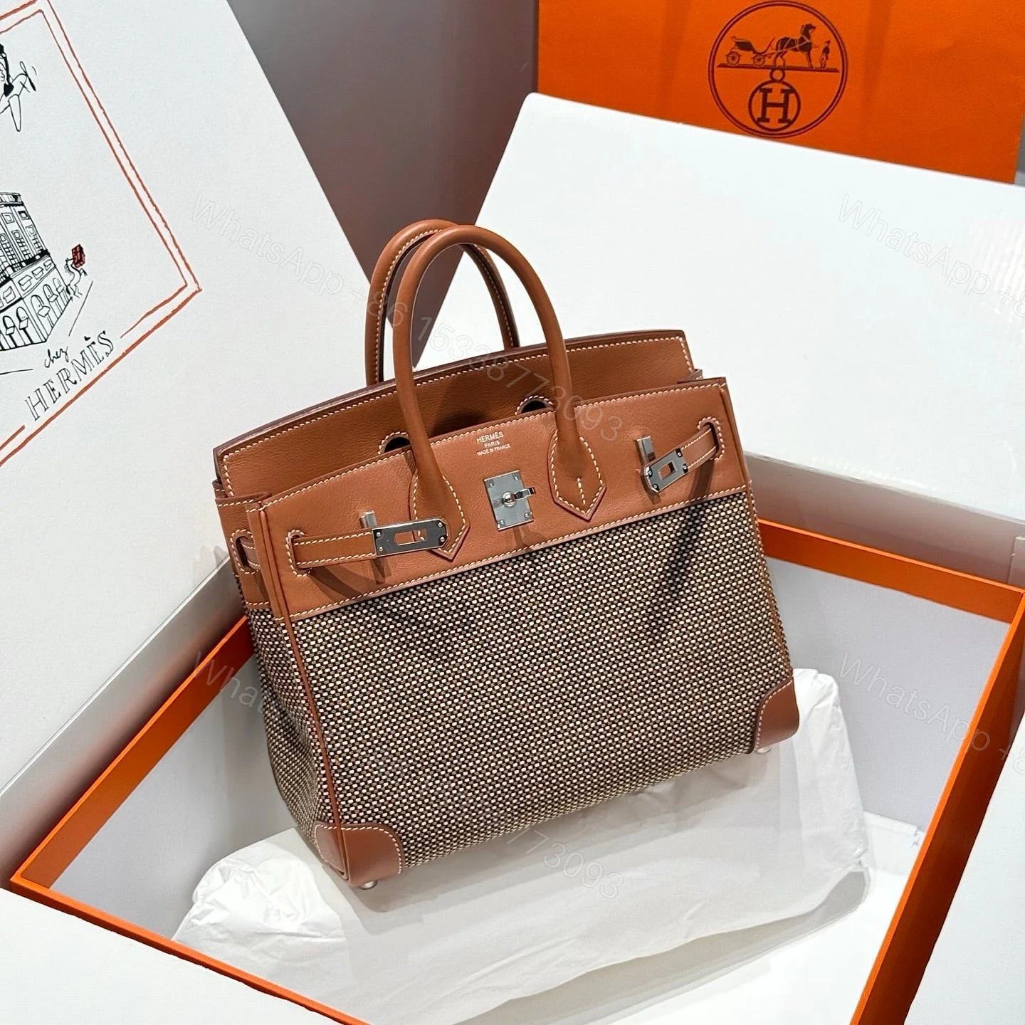 HERMES BIRKIN 25CM IN GOLD SWIFT AND BLACK/WHITE/BROWN TOILE CANVAS — view 1