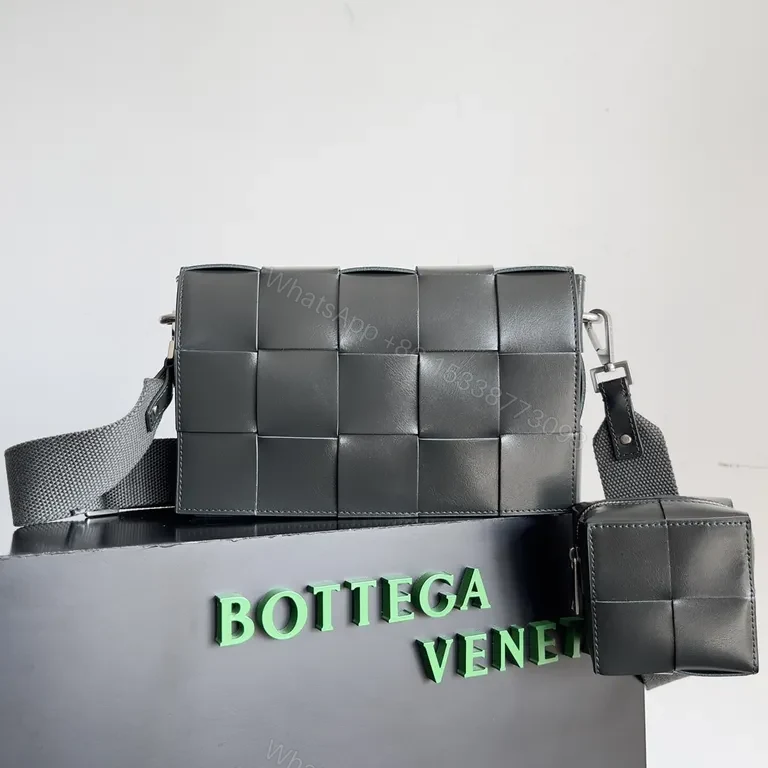 Structured Leather Bottega-Style Grid Crossbody Bag — view 1
