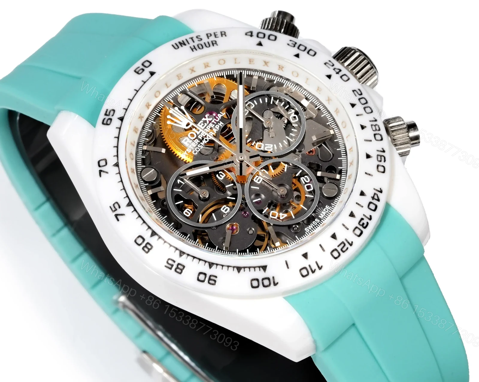 View 3 of Rolex Daytona Abu Dhabi Skeleton replica 40MM Turquoise Rubber Strap Edition RG-DAYTONA-ABU-DHABI-SKELETON-TURQUOISE-40