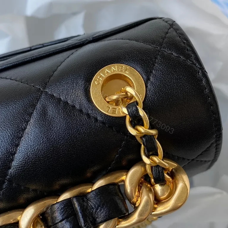 View 8 of Quilted Noir Lambskin Flap Bag with Gold Chain