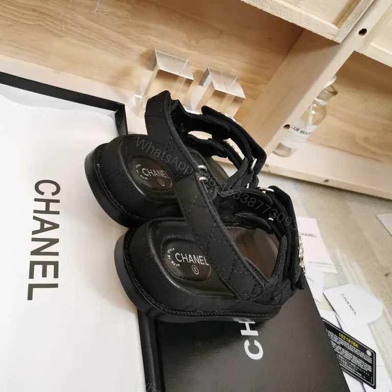 View 7 of Chanel-Inspired Black Leather Sandals with Logo Details