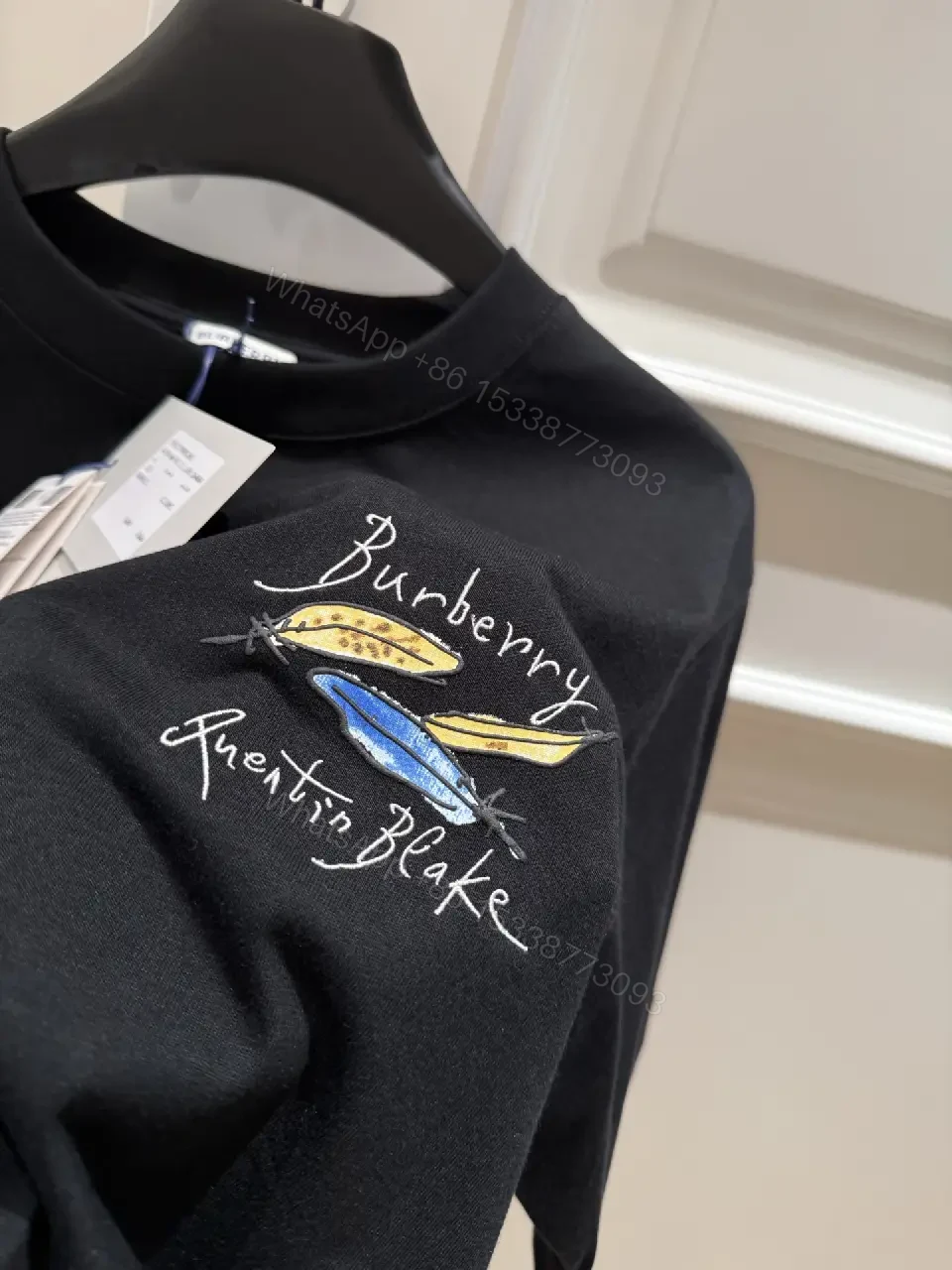 View 3 of Black Cotton T-Shirt with Embroidered Burberry Graphic Tee