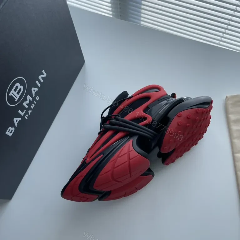 View 2 of Bold Balmain-Influenced High-Tops: Black & Red Luxury Sneakers