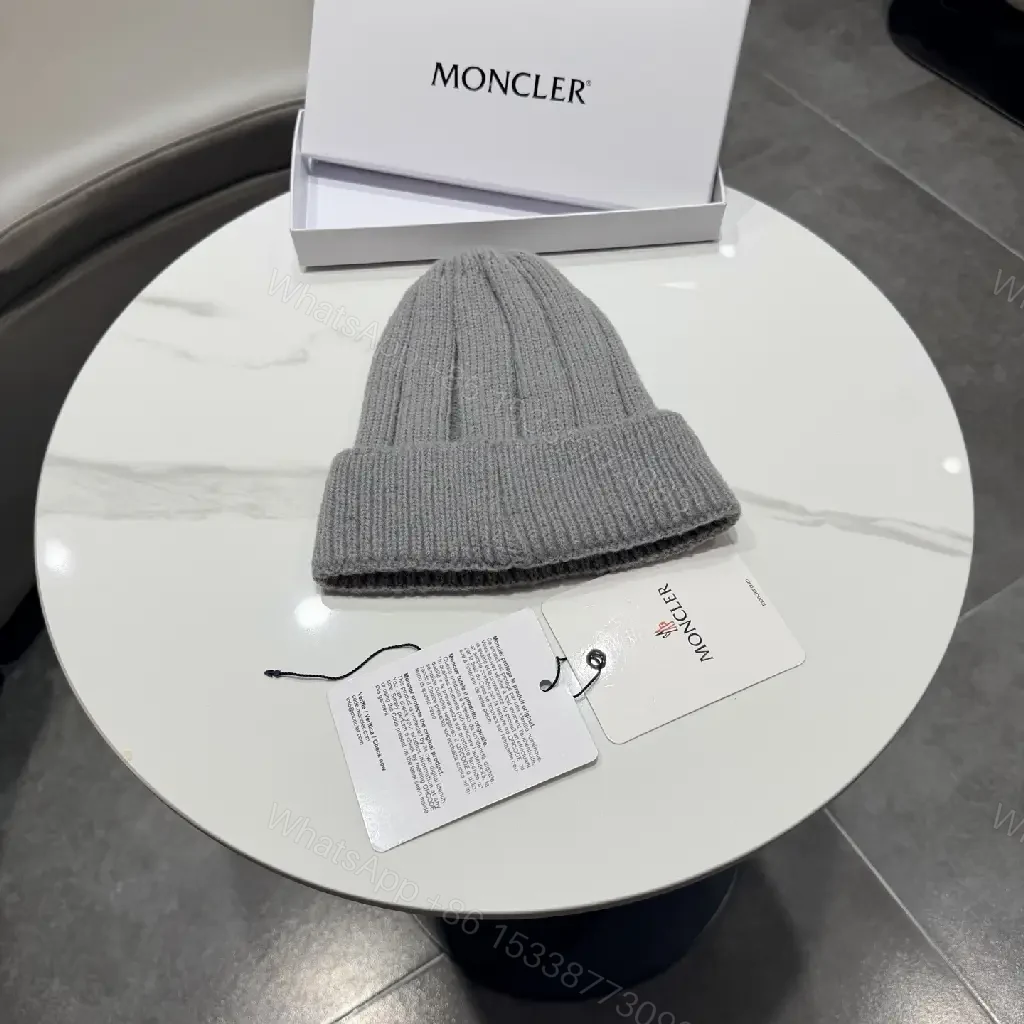 View 6 of Gray Knit Beanie, Moncler Crest, Luxury Streetwear Style, Warmth Ready