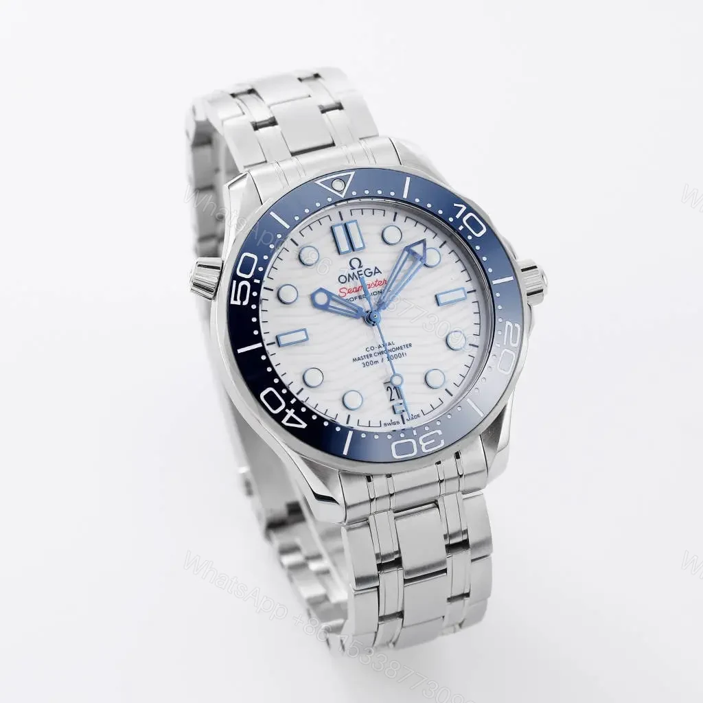 View 3 of Omega Seamaster 300M Replica Watch White Dial Blue Bezel 42mm Stainless Steel Case and Bracelet Custom 8800 Movement
