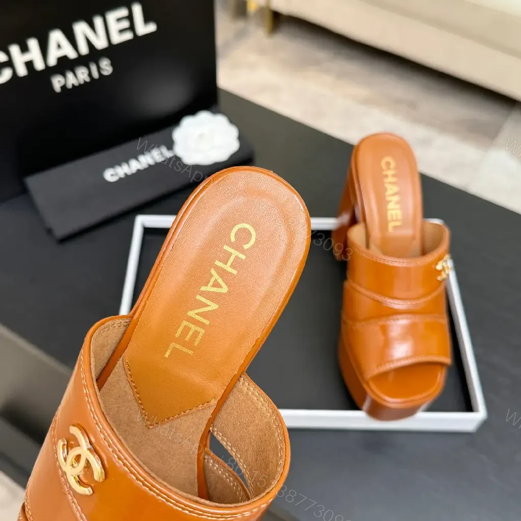 View 2 of Chunky Leather Mules with Logo Detail, Platform Heel, Open Toe