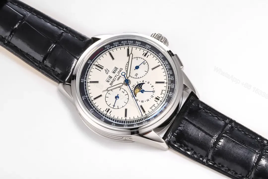 View 5 of V9 Factory Breitling Premier Series White Dial Black Leather Strap Chronograph Watch