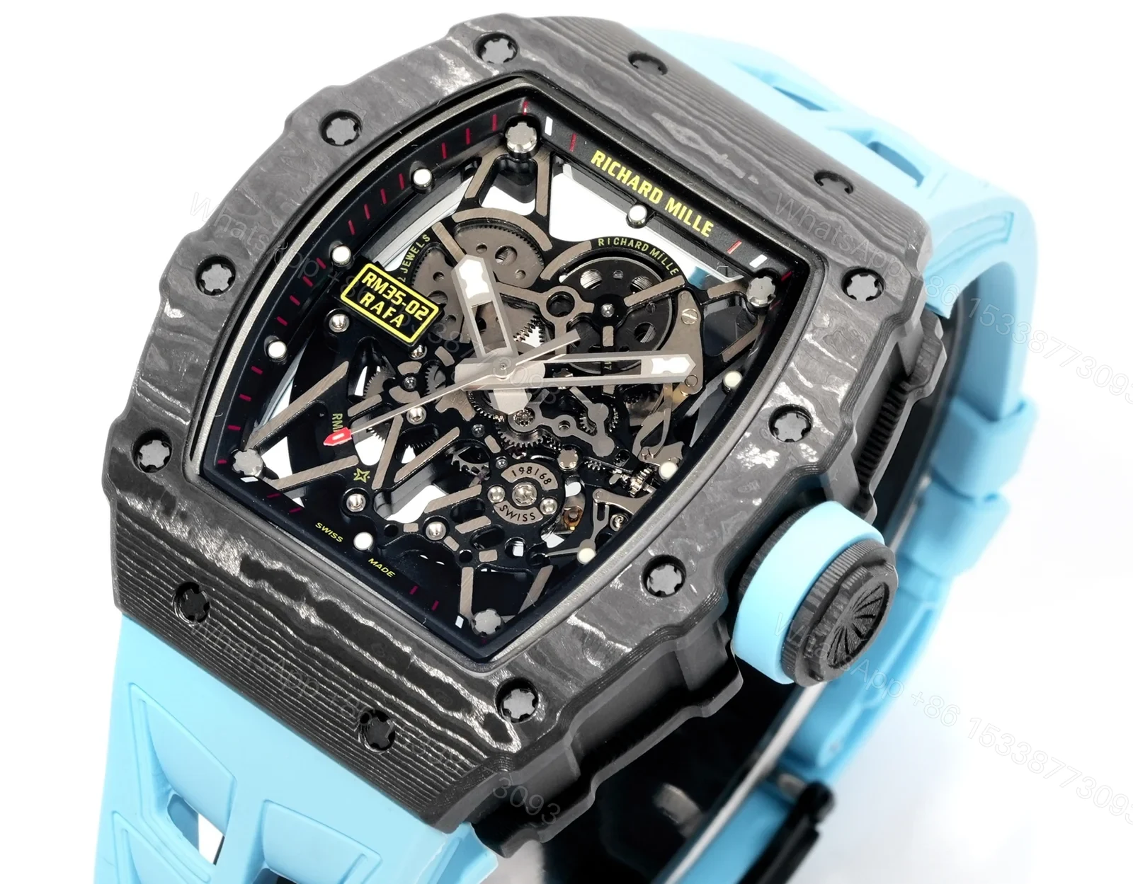 View 4 of Richard Mille RM35-02 Rafael Nadal Automatic Skeleton Watch NTPT Carbon Fiber Blue Strap Black Red Track Dial RMAL1 Movement Premium Edition RM35-02-RN-BLU-NT55