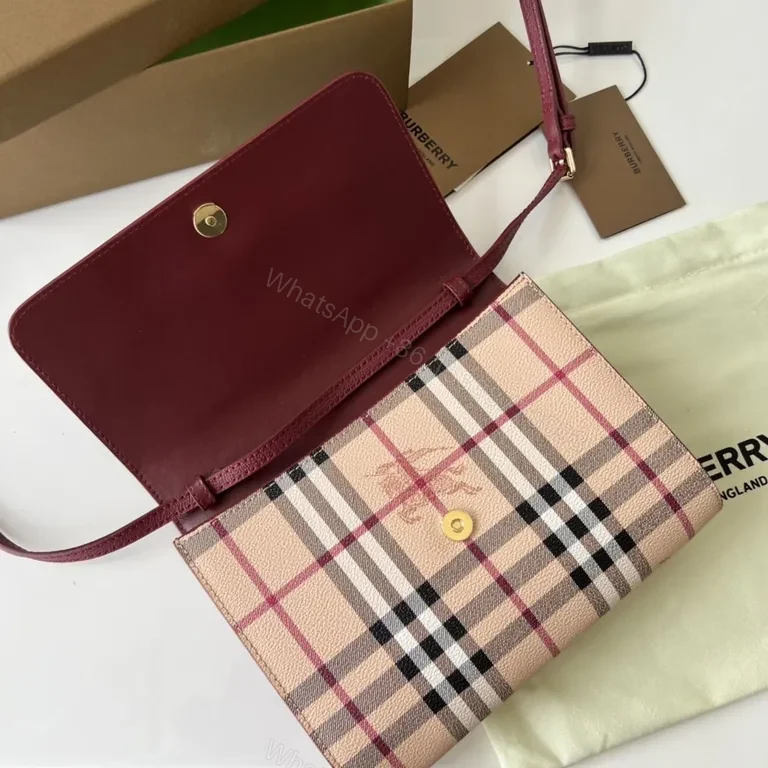 View 3 of Burberry Burgundy Leather Plaid Crossbody Bag with Gold Accent