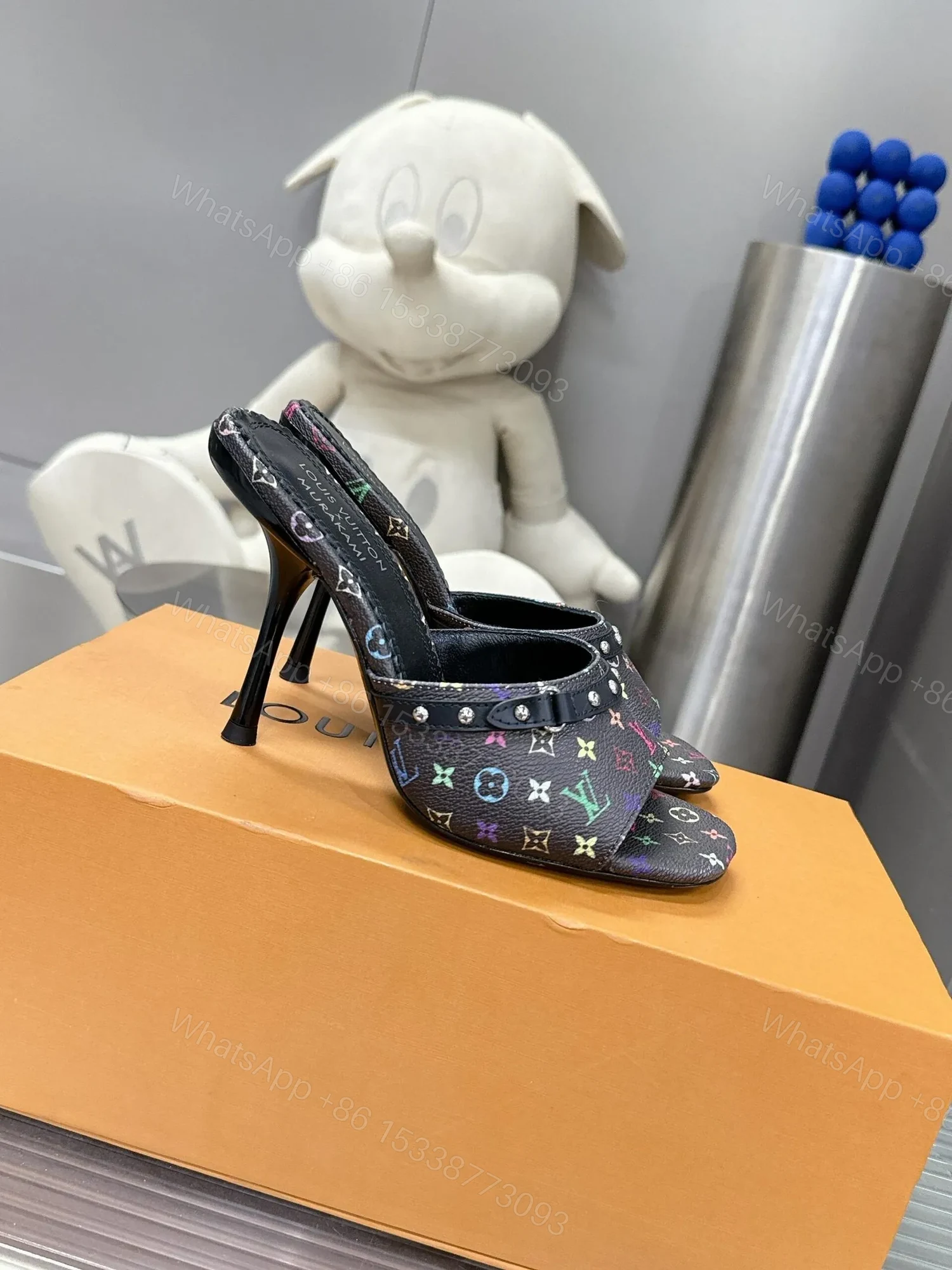 View 3 of LV Women Black Leather Multicolor Logo Mules
