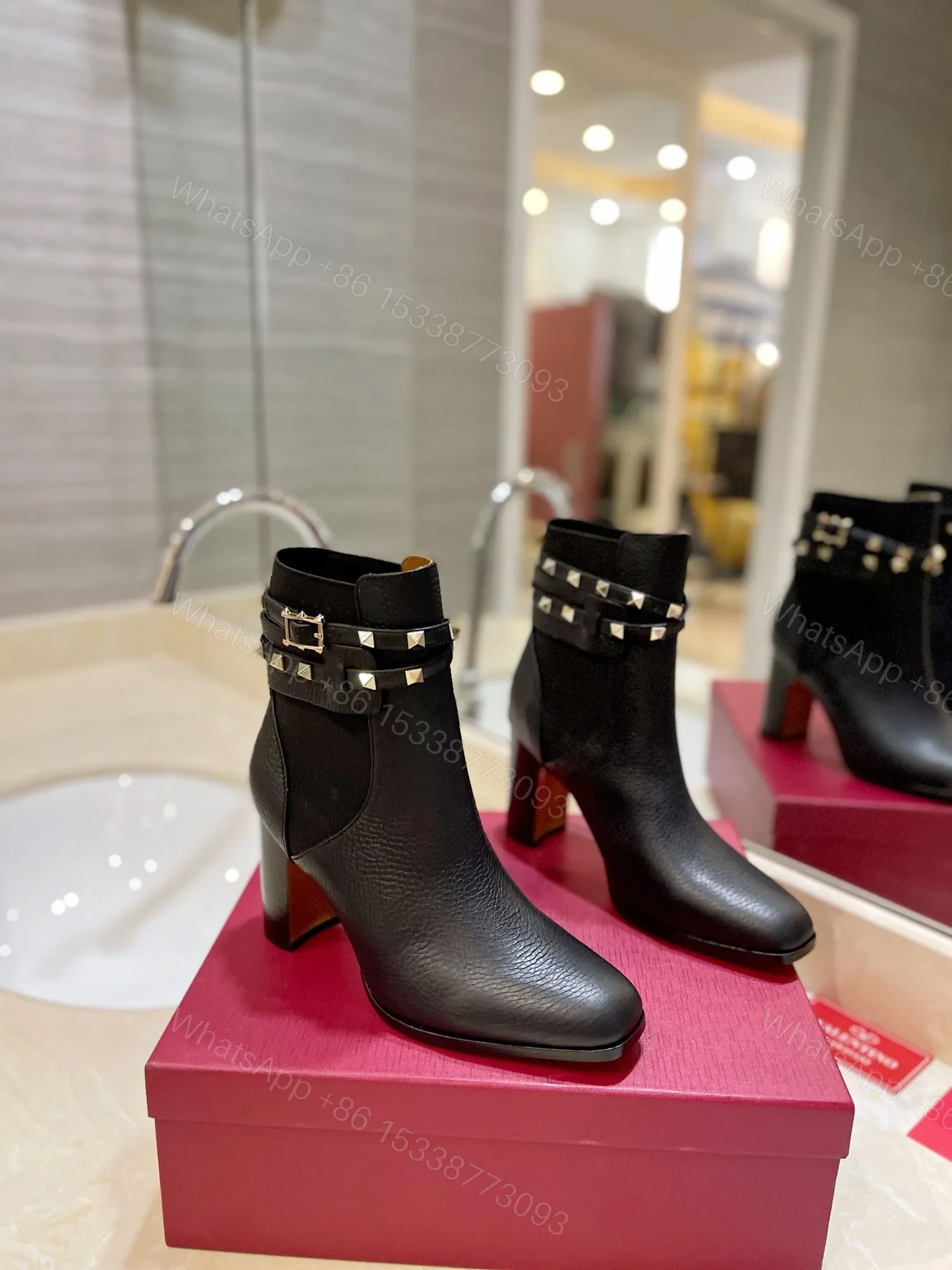 Valentino Women Black Leather Studded Ankle Boots — view 1