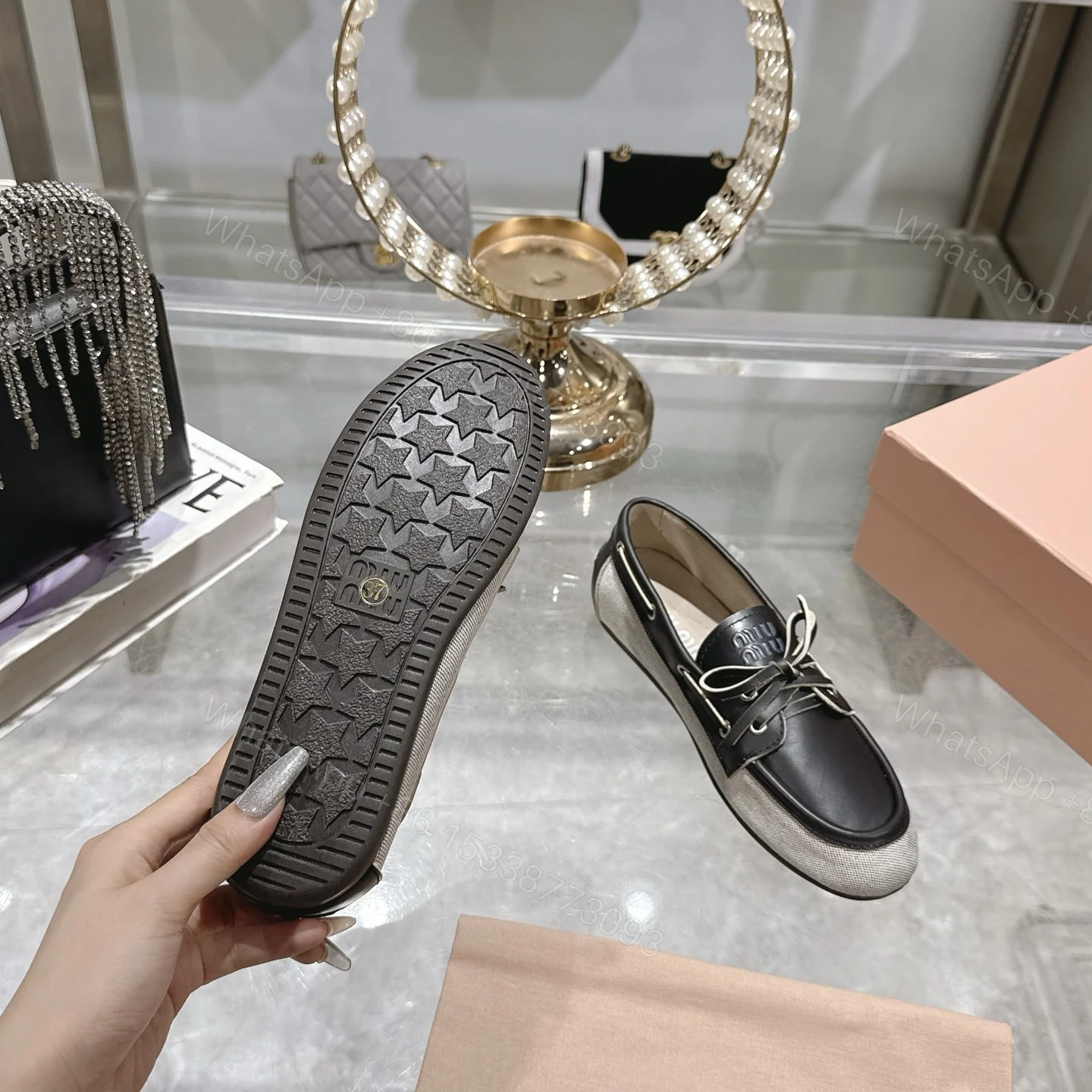 View 8 of MIUMIU CANVAS AND BLEACHED BOAT SHOES BLACK