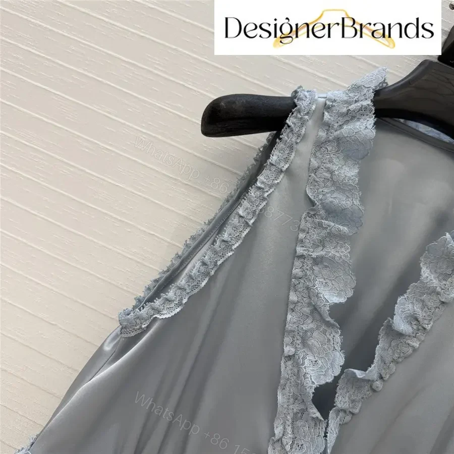 View 3 of Chloe Blue Silk-Satin Top with Lace Trim