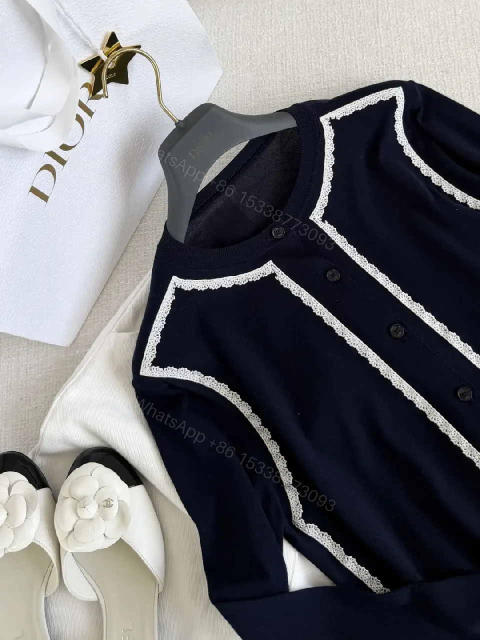 View 6 of Navy Cardigan with White Lace Trim, Classic, Button-Front, Dior Accent