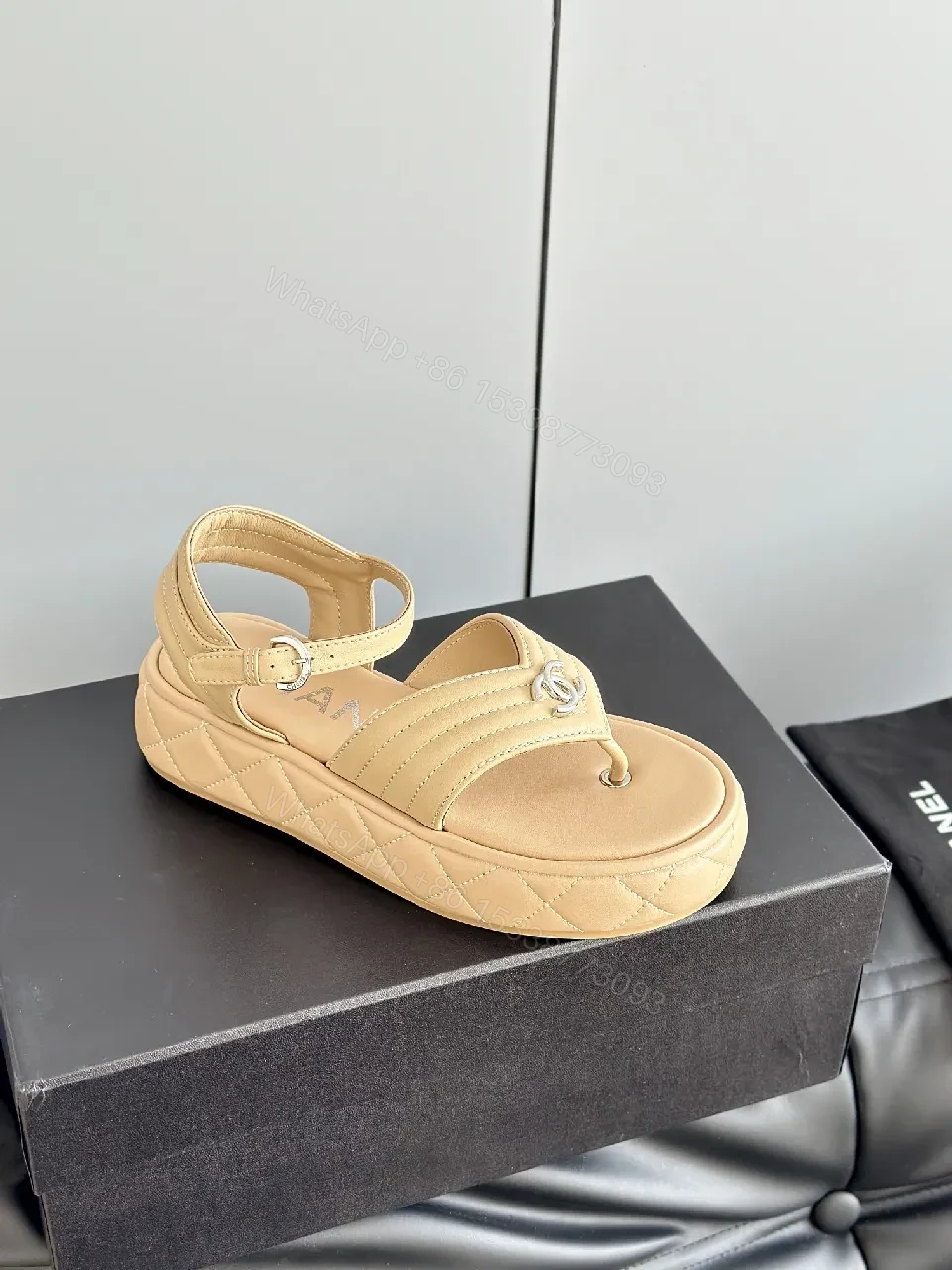View 2 of Quilted Leather Sandal with Cushioned Footbed and Nude-Tan Strap