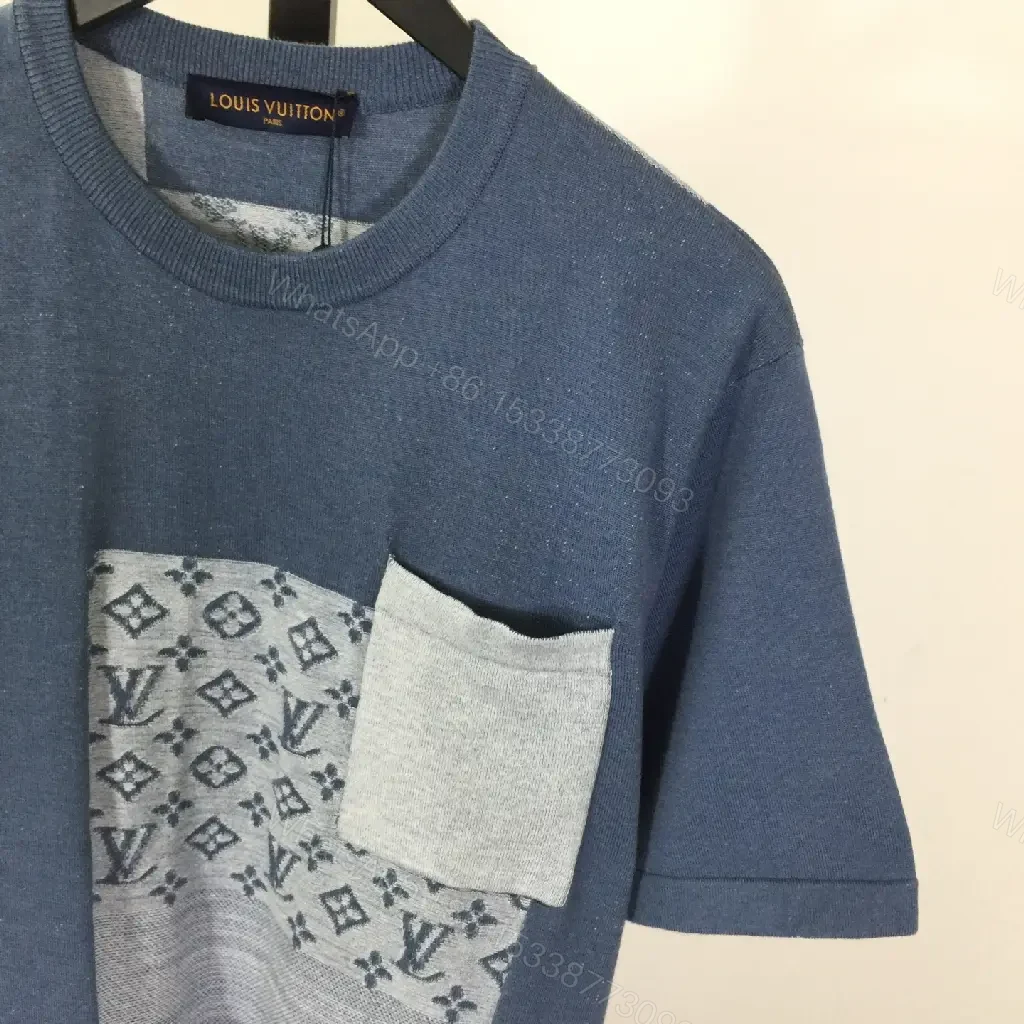 View 4 of Blue Patchwork LV-Patterned Casual Oversized Tee with Chest Pocket