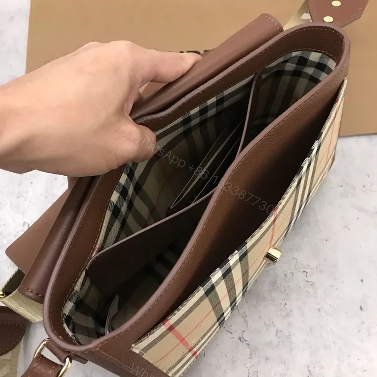 View 9 of Brown Leather Crossbody | Heritage Plaid, Gold Hardware, Structured Design