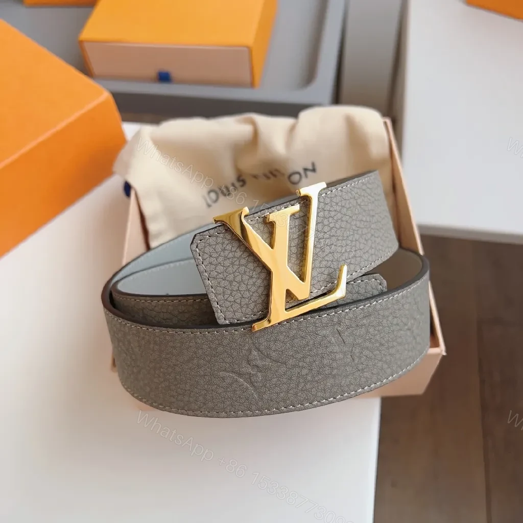 View 4 of Gray Leather Belt with Gold Buckle - Refined Style Accessory
