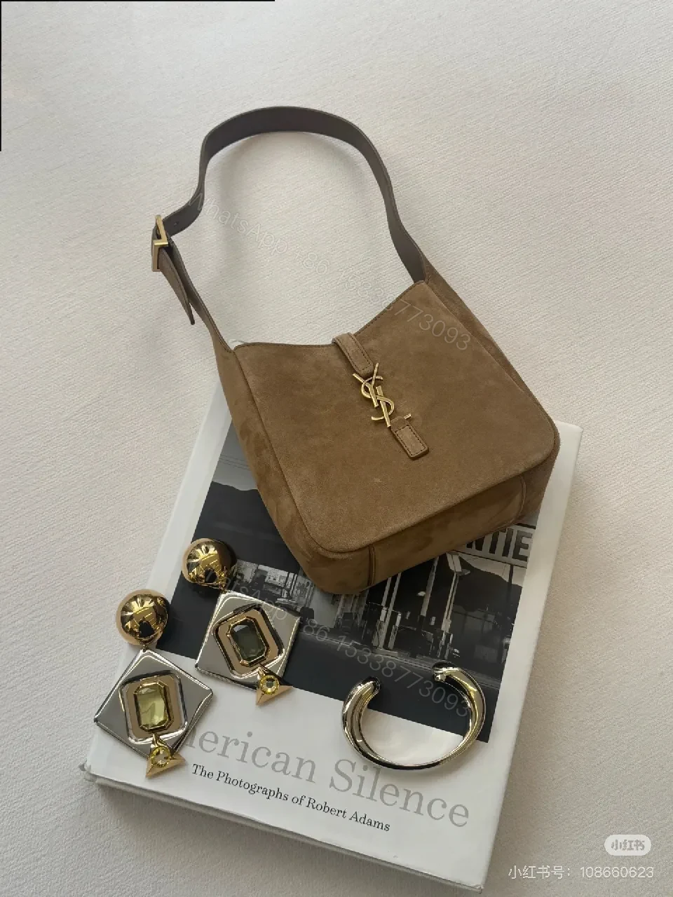View 2 of Soft Suede Crossbody Bag with Gold Accent Emblem - Compact Style