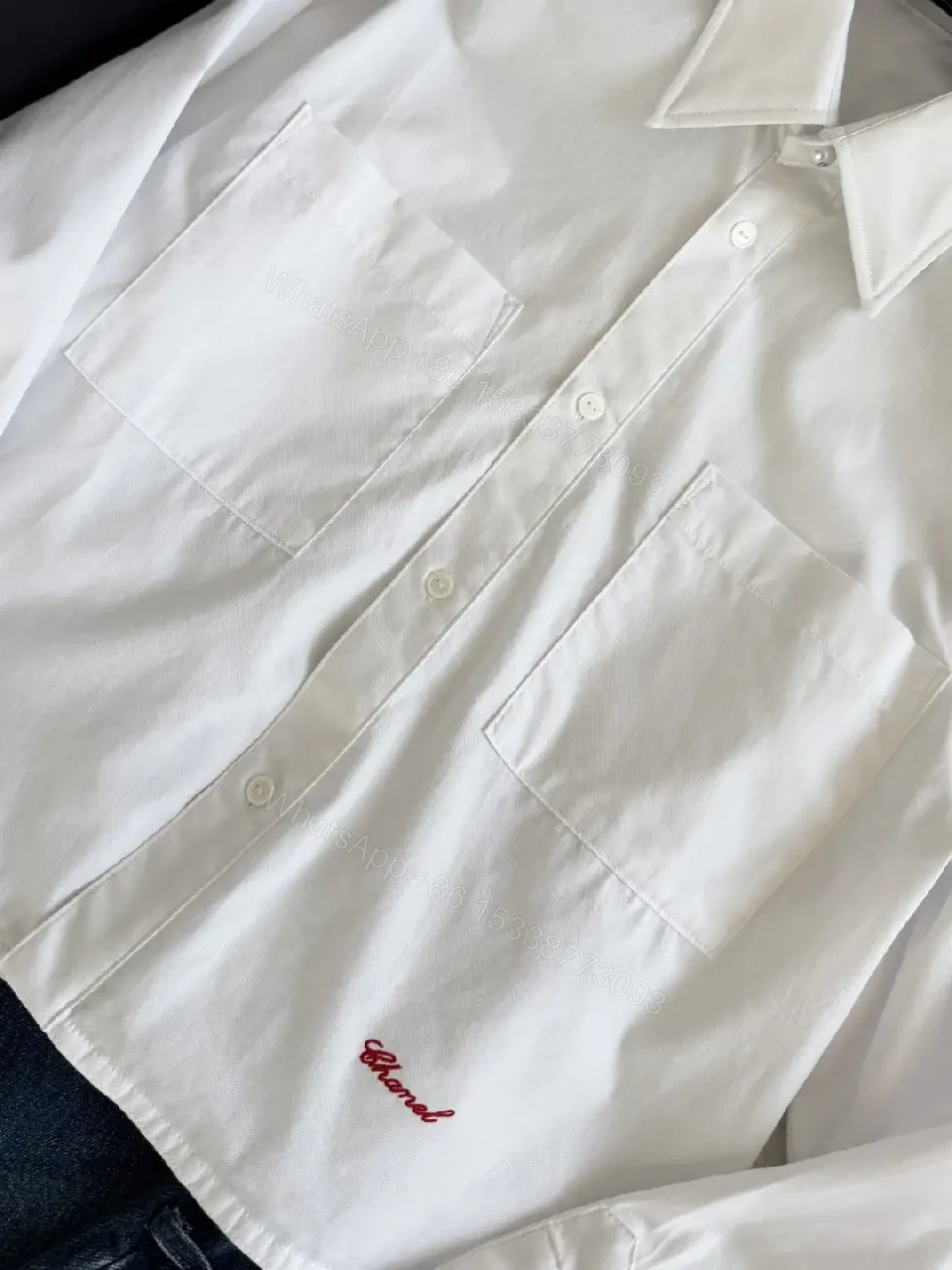 View 8 of White Cotton Shirt Cropped Style with Red Embroidered Chanel Lettering Shirt