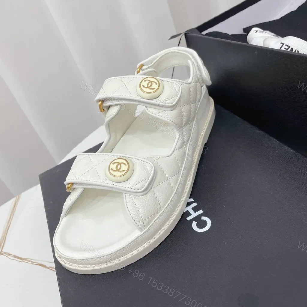 View 2 of White Quilted Sandals with Gold Logo – Luxe Comfort Footwear