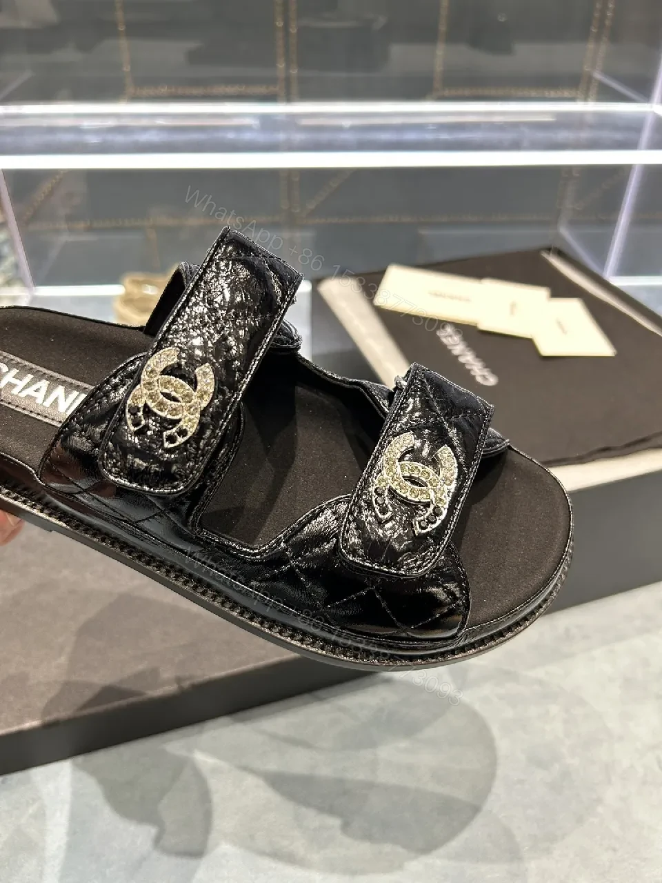 View 7 of Black Crystal-Accent Sandals with Comfort Footbed, Patent Straps, Versatile Style