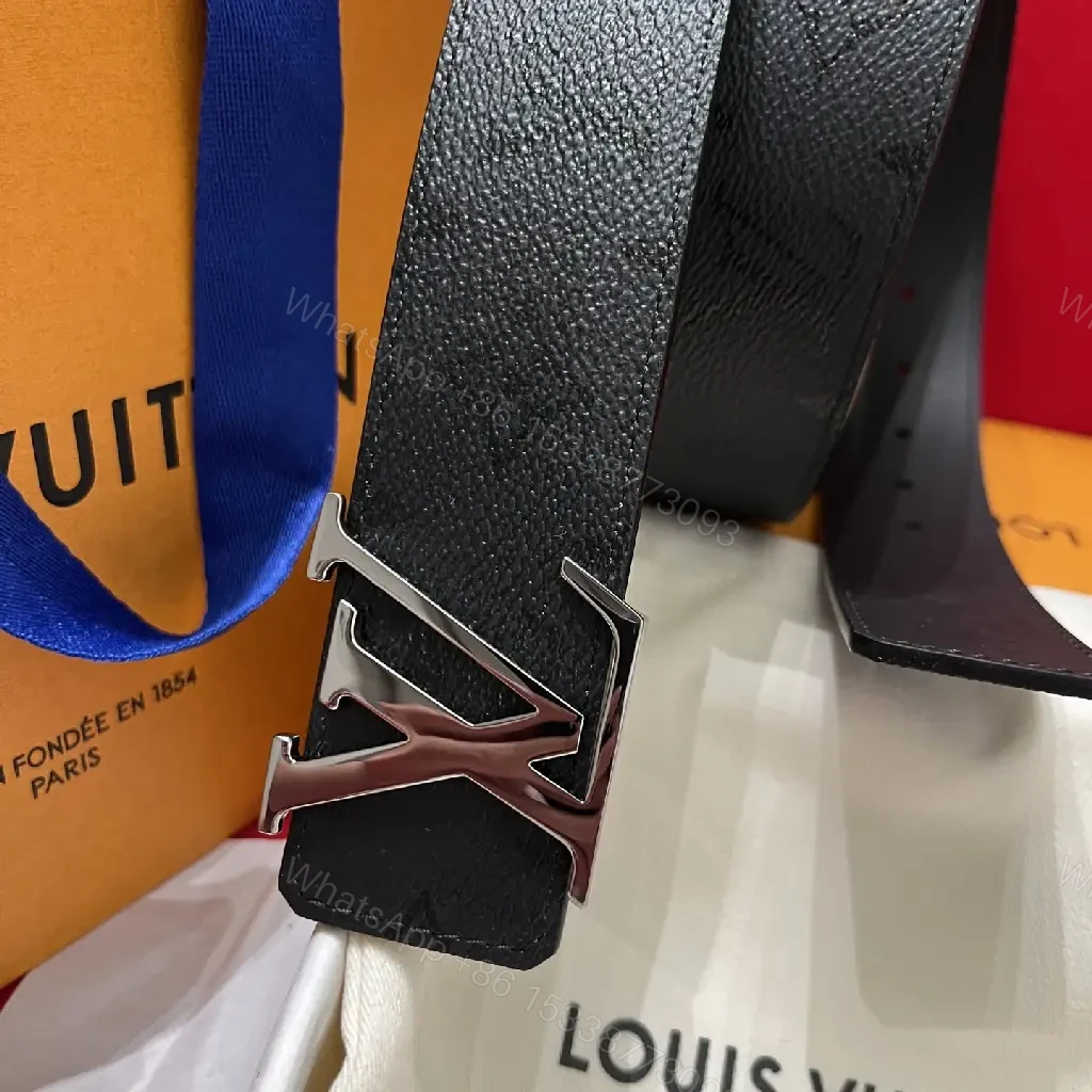 View 8 of Black Leather Belt - Pebbled Texture with Large Silver LV Buckle