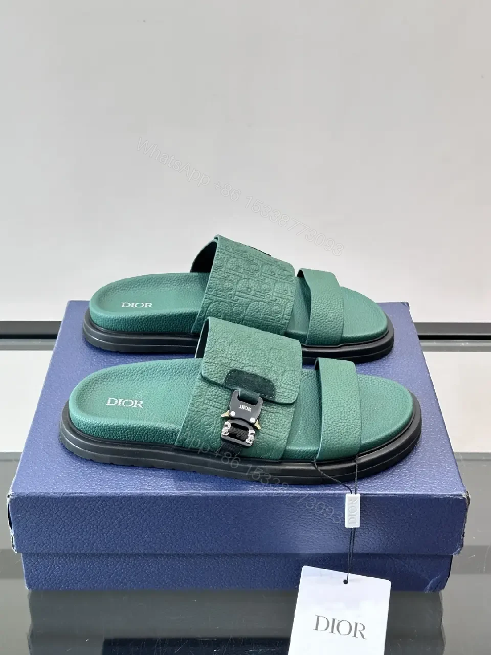 View 3 of Green Leather Slide Sandals Minimalist Style with Buckle Feature Sandals