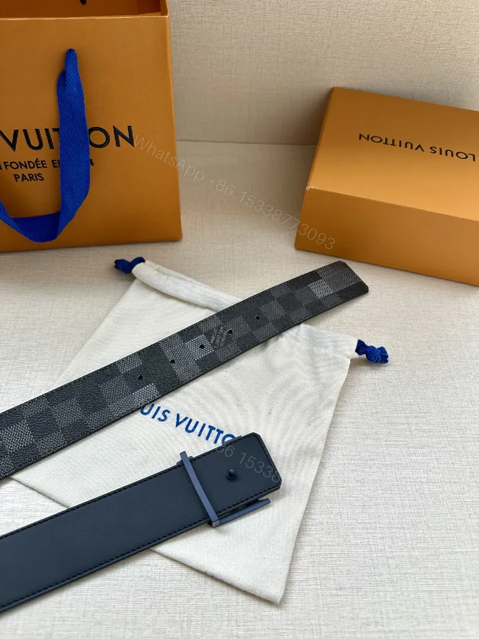 View 3 of Monochrome Checkered Belt with LV Buckle - Premium Leather Belt