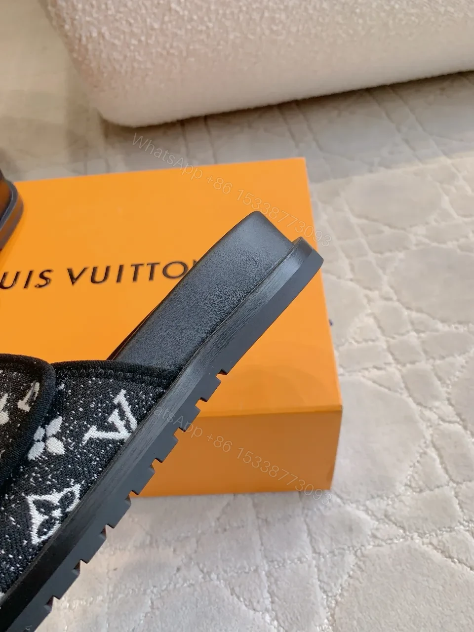 View 2 of Monochrome LV-Pattern Slides: Luxury Comfort for All-Day Wear