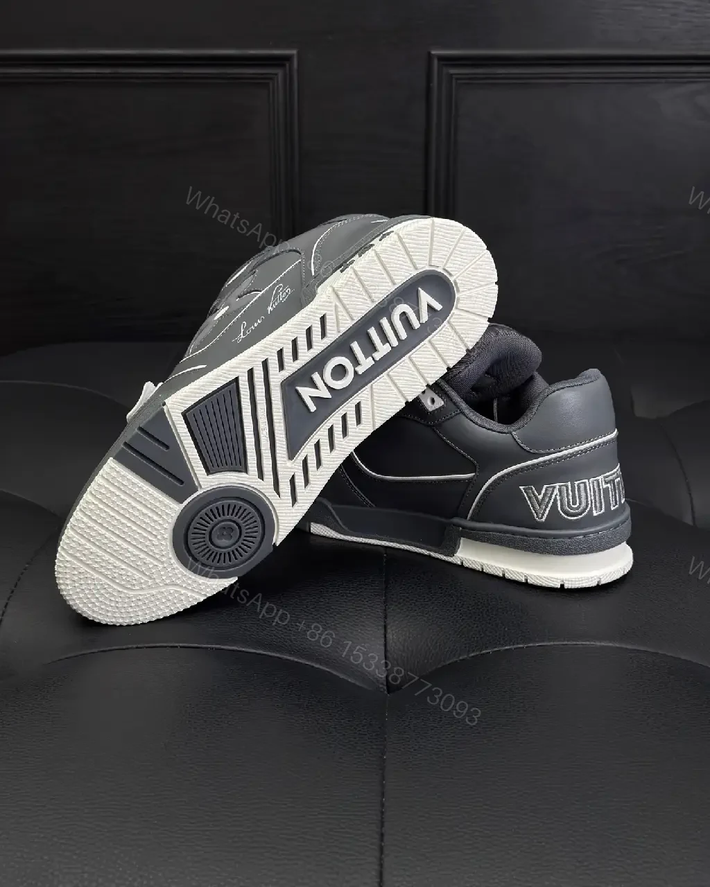 View 7 of Grey Leather Structured Sneakers with Velcro Detail