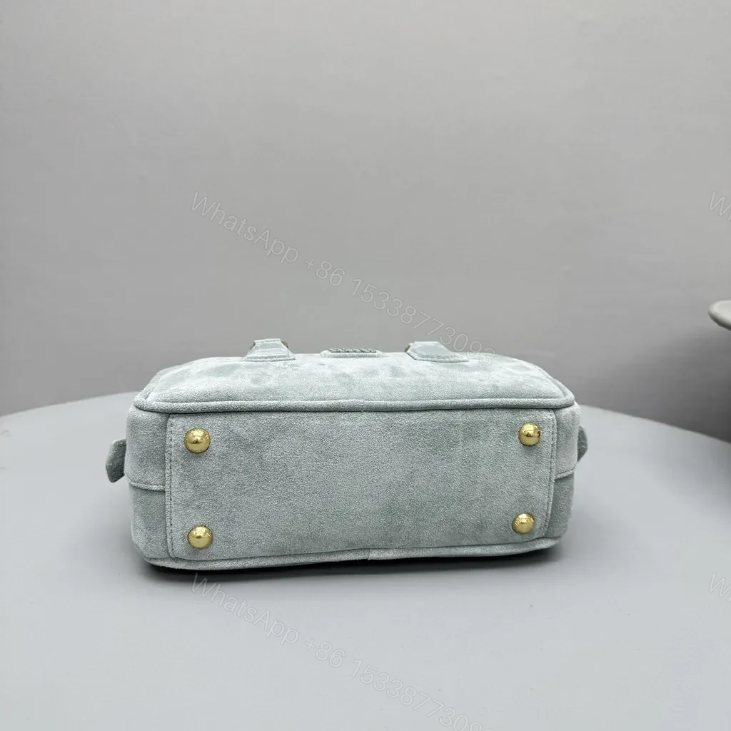 View 4 of Grey Suede Satchel — Structured Luxe, Gold Accents, Everyday Carry