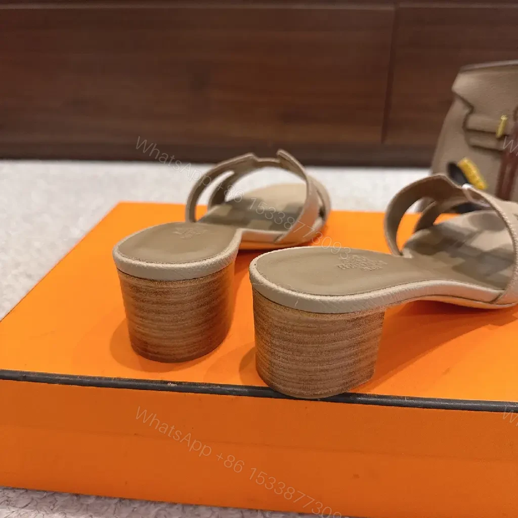 View 6 of Beige Leather Hermes H-Style Slide Sandals