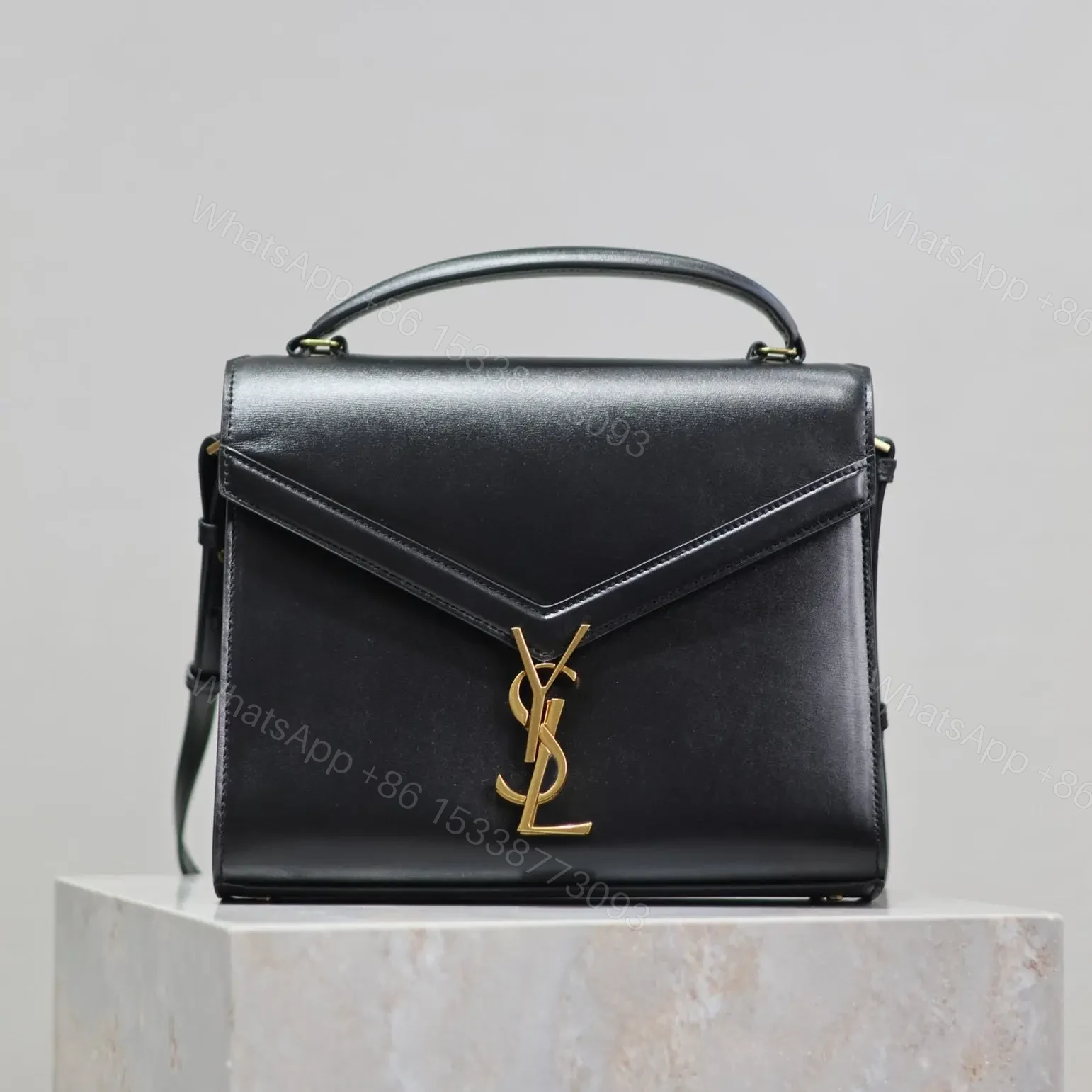 YSL CASSANDRA TOP HANDLE BAG MEDIUM BLACK SMOOTH LAMBSKIN GOLD HARDWARE — view 1