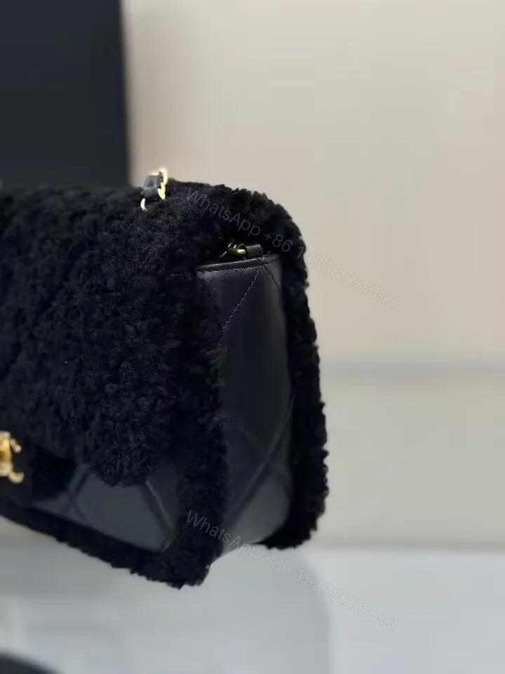 View 5 of Lux Black Shearling Clutch with Gold Logo