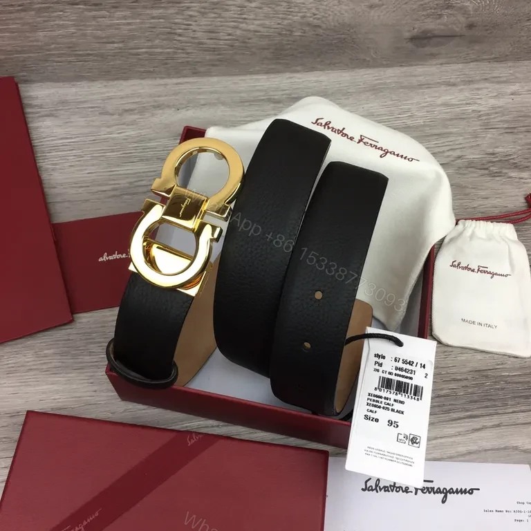 View 8 of Gold Buckle Leather Belt â€” Luxury Pebble-Grain, Ferragamo-Inspired