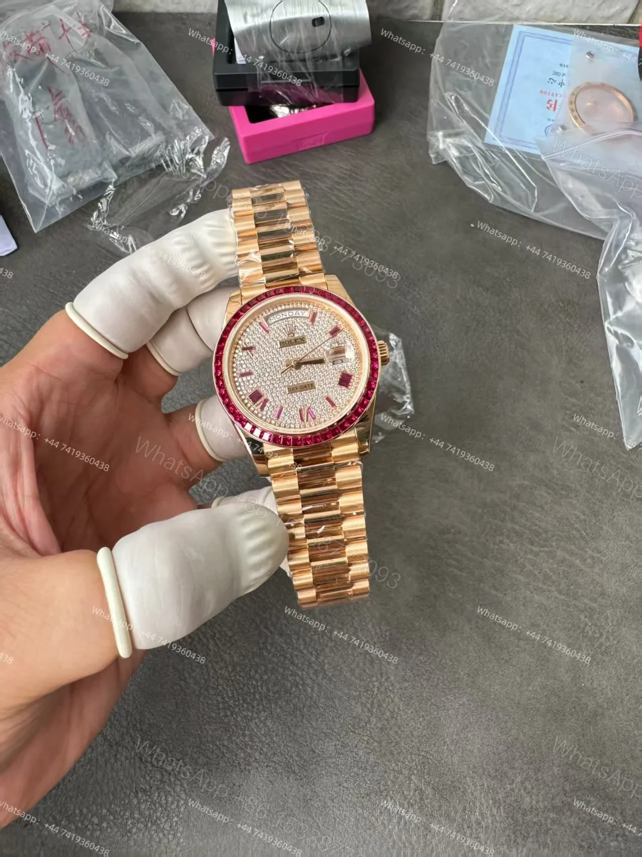 View 25 of Rolex Day-Date 228398TRU 1:1 Custom Edition Ruby & Moissanite Diamond Dial and Bezel 40MM 3255 Movement Super Clone Watch