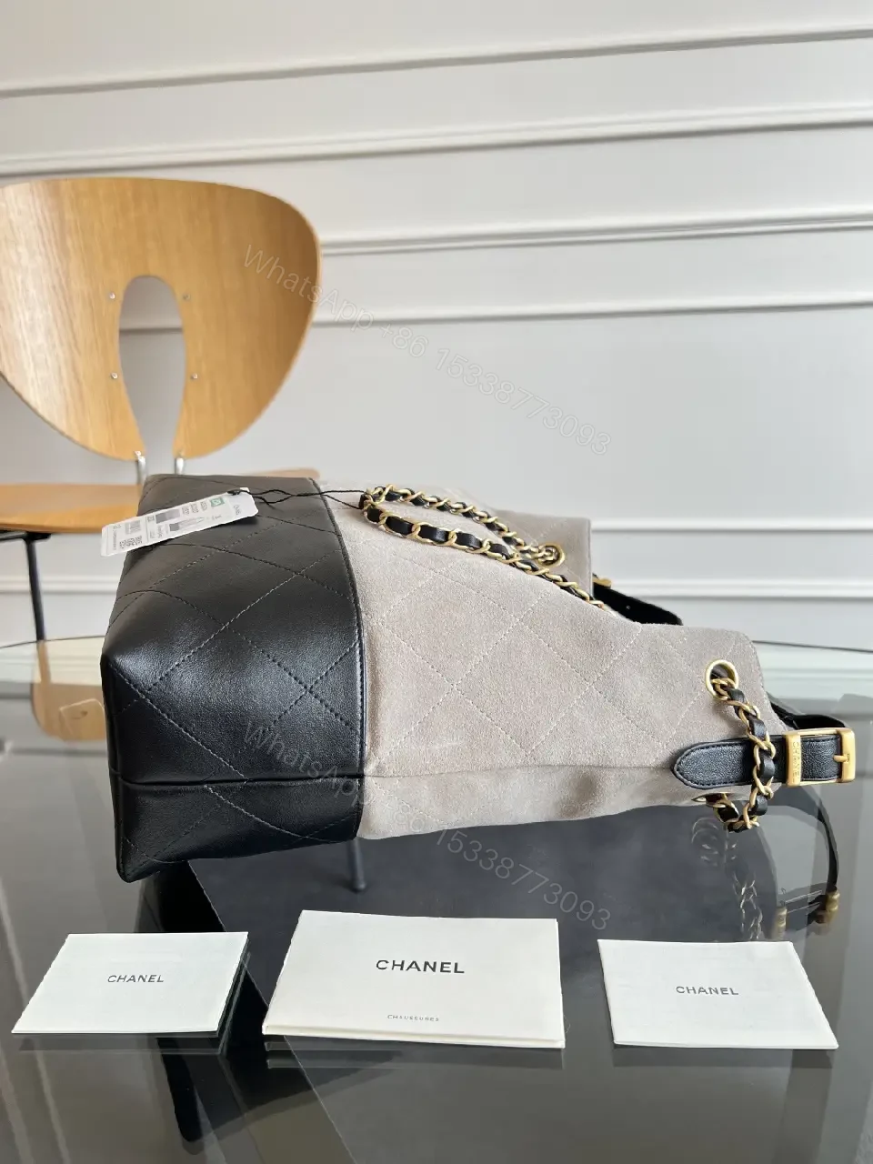 View 2 of Two-Tone Quilted Luxury Tote with Chain Detail Bag