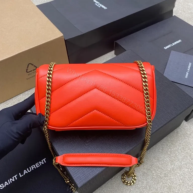 View 3 of Compact Red Leather Shoulder Bag with YSL Gold Monogram