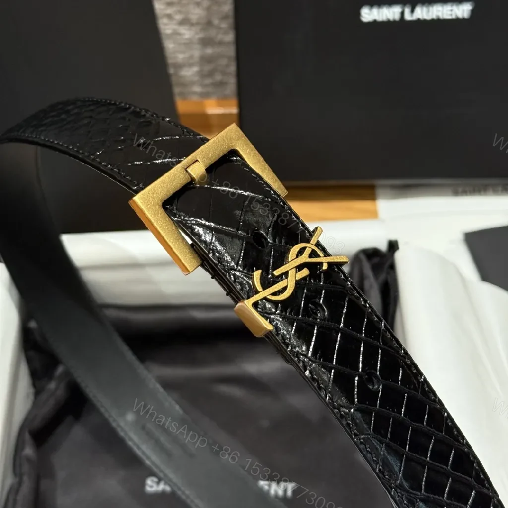 View 5 of Croc-Texture Black Belt with Gold Buckle – Modern Luxury Belt