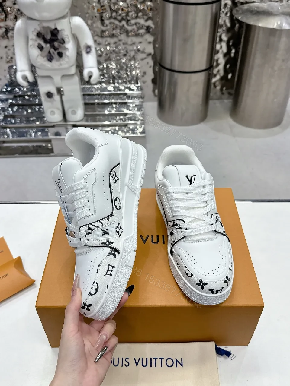 View 6 of White Leather Sneaker, Monogram Motif, Luxe Street Style, Designer Flair, Sneaker