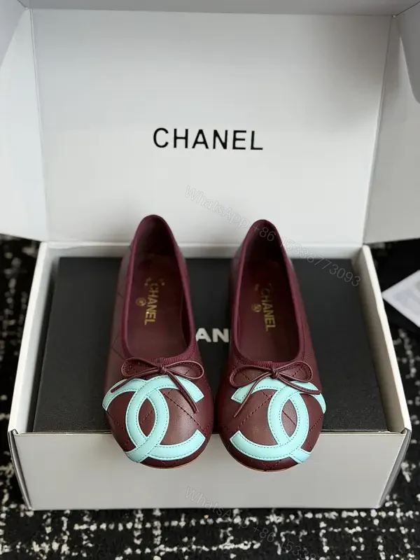 Burgundy Leather Ballet Flats with Aqua Chanel Logo Details — view 1