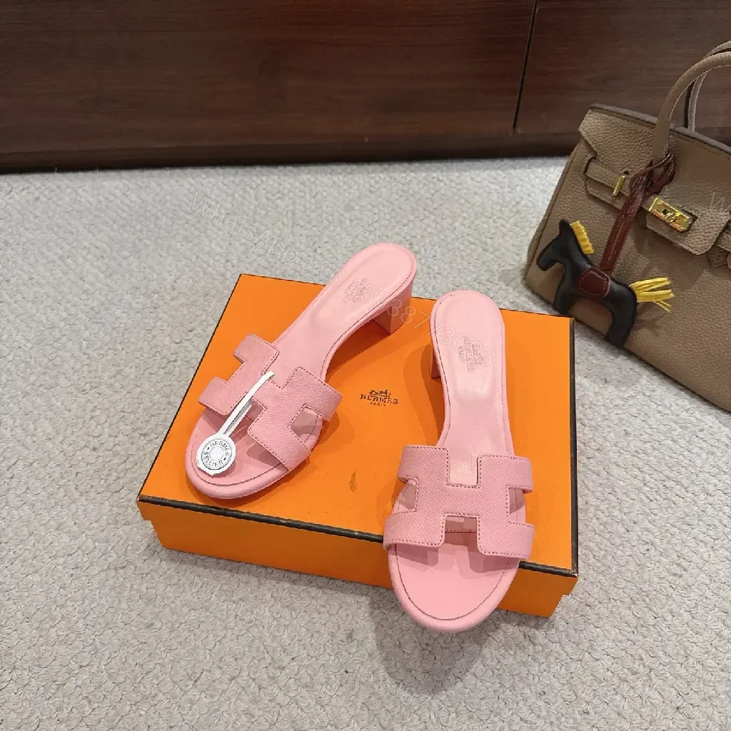 View 4 of Pink Leather H-Style Slide Sandals, Hermès-Inspired, Classic Platform Slide