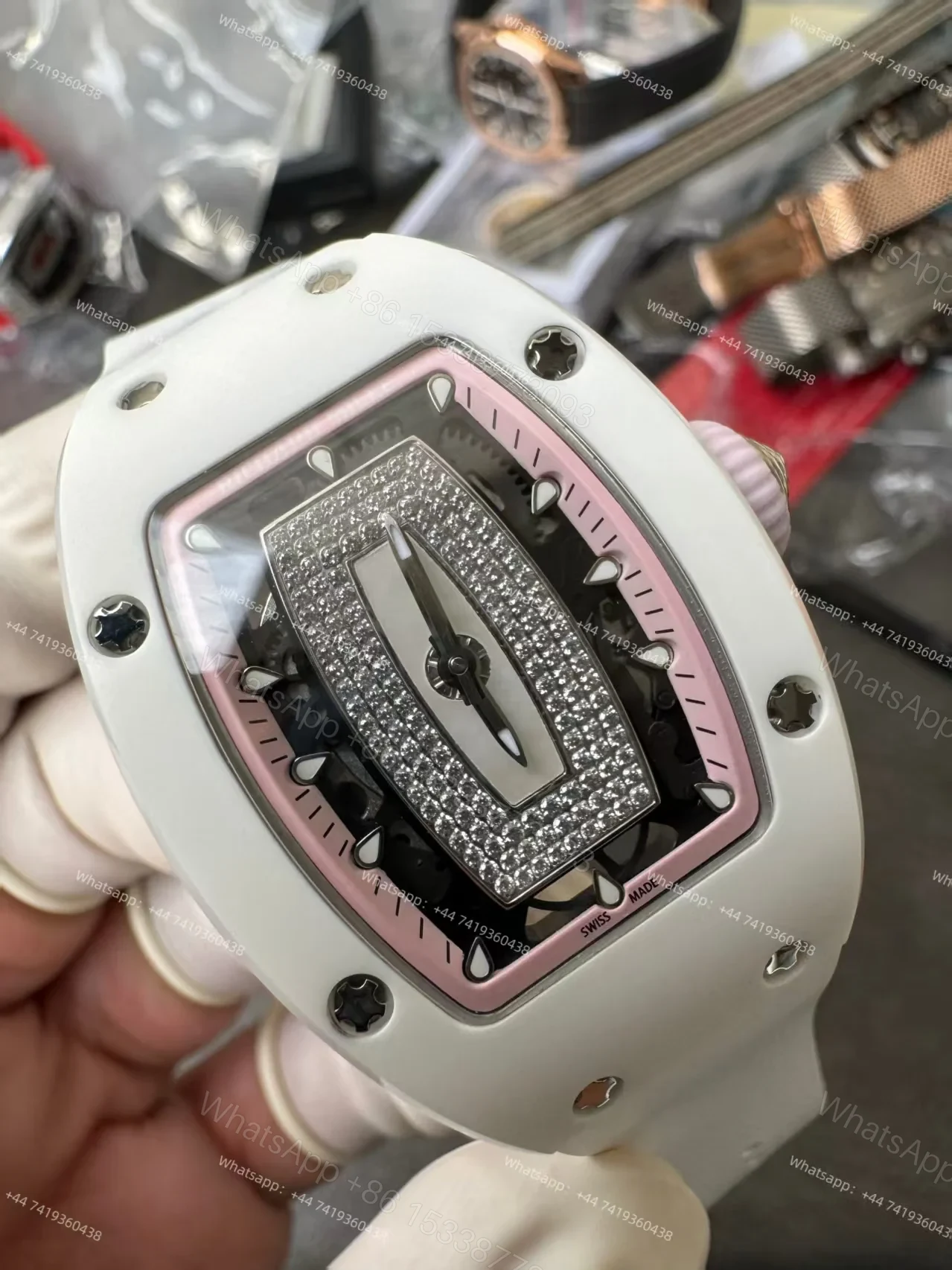 View 5 of Super Clone Richard Mille RM 07-01 White Ceramic Pink Diamond 1:1 Replica Watch