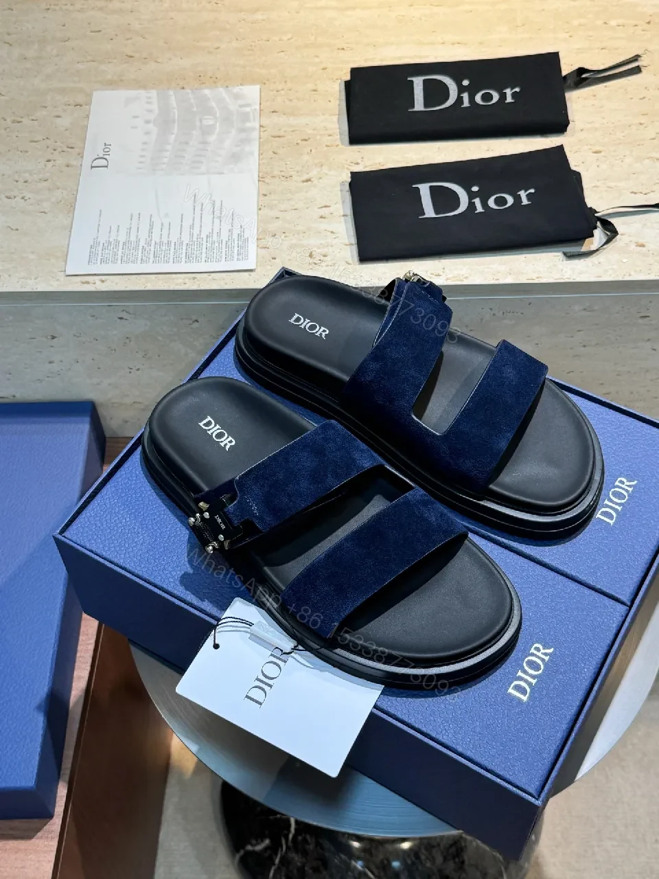 Premium Navy Suede Dior-Style Sandals with Bold Straps — view 1