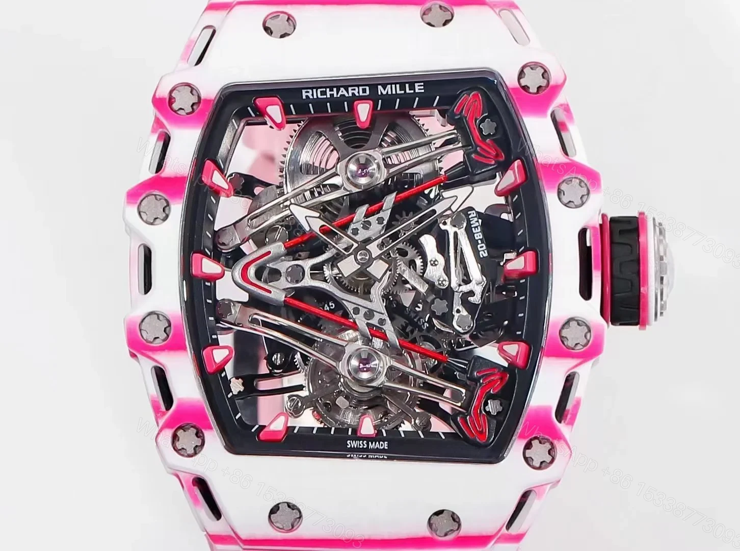 View 6 of Richard Mille RM38-02 Tourbillon Bubba Watson Watch Pink Quartz Carbon Fiber Case Skeleton Dial Manual Winding Tourbillon 10000G Shock Resistant Golf Edition RM38-02-BW-PINK-QCF-GT