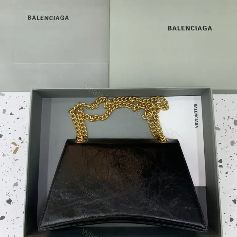 View 5 of Structured Black Leather Crossbody Bag with Gold Chain