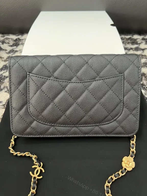 View 5 of Chic Quilted Wallet on Chain: Black Leather, Luxe Gold, CC Logo