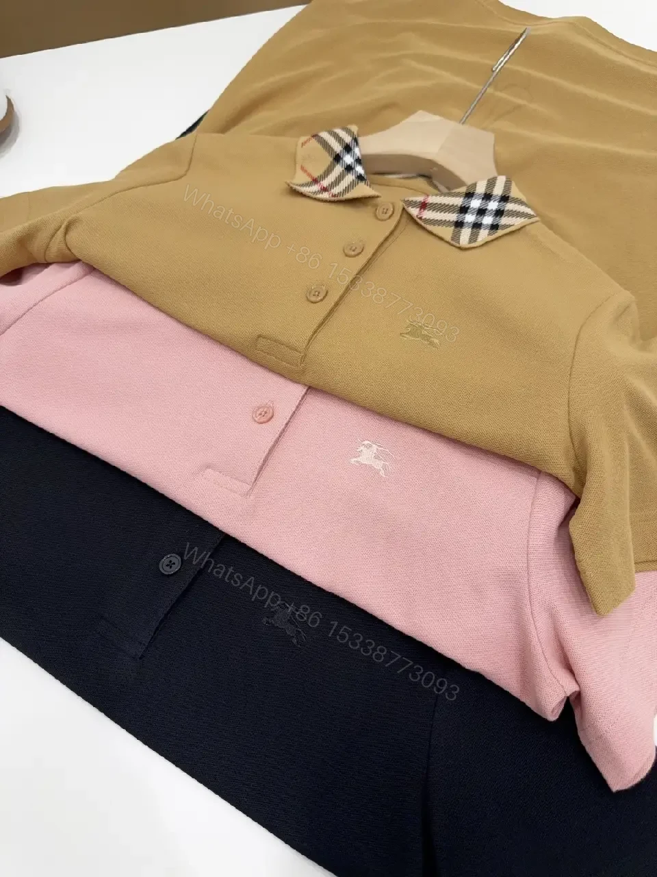 View 5 of Mustard Cotton Polo with Burberry-Style Plaid Collar